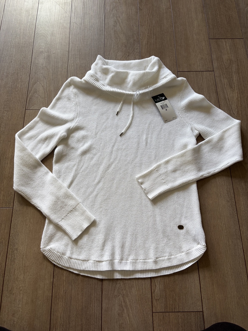 Lauren Ralph Lauren Women's Sweater White Size M Waffle Knit Cowl Neck Pullover